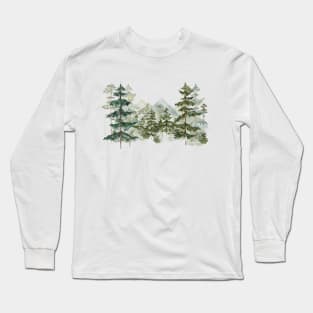 Watercolor Pine Forest and mountain Aesthetic Graphic Long Sleeve T-Shirt